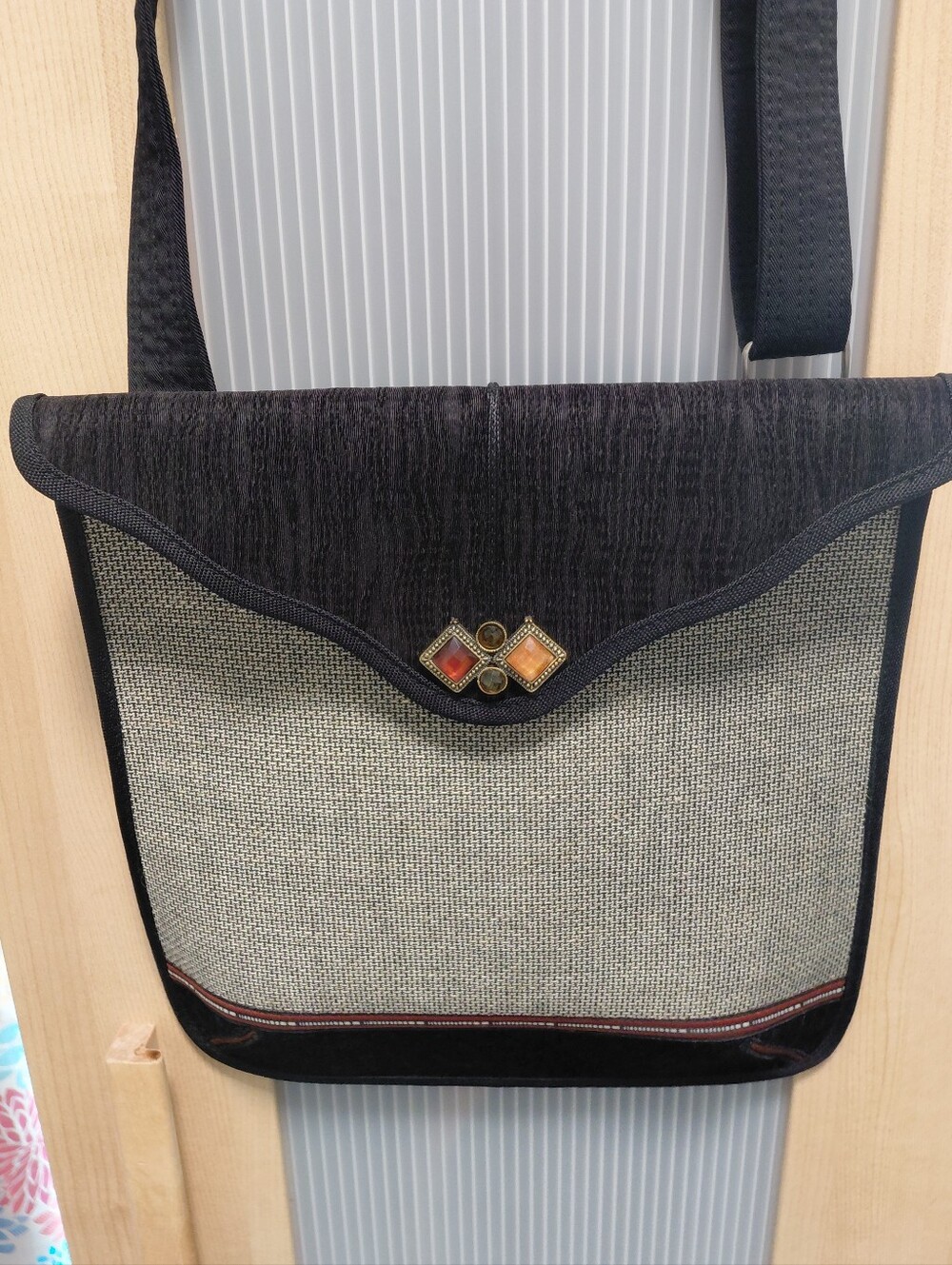 Material Things Black Gray Crossbody Bag W/Decorative Accent
